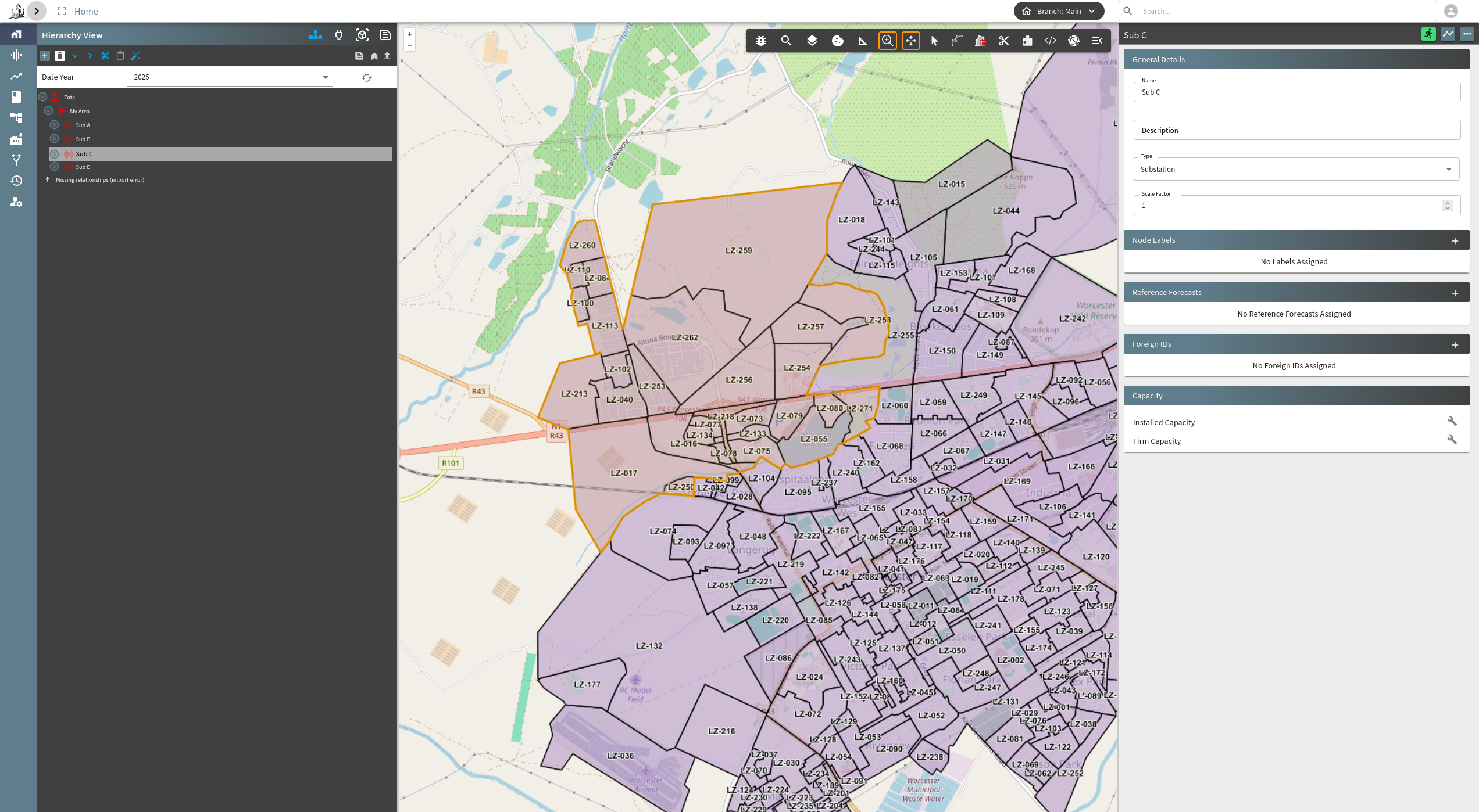 PowerGLF spatial network planning workspace showing a hierarchy, map and model properties